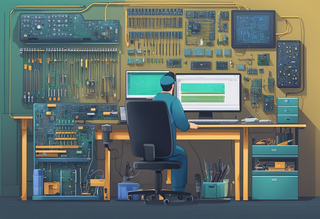 A neatly organized workbench with various electronic components and tools, a computer screen displaying a PCB design, and a technician assembling a circuit board