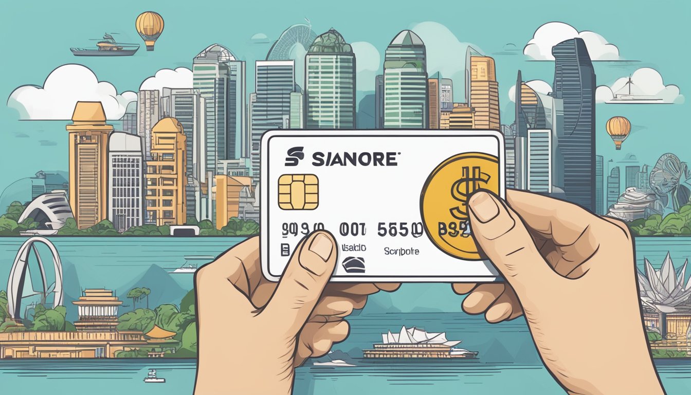 A hand holding a credit card with "best cash back" and "Singapore" written on it, surrounded by various Singaporean landmarks and symbols