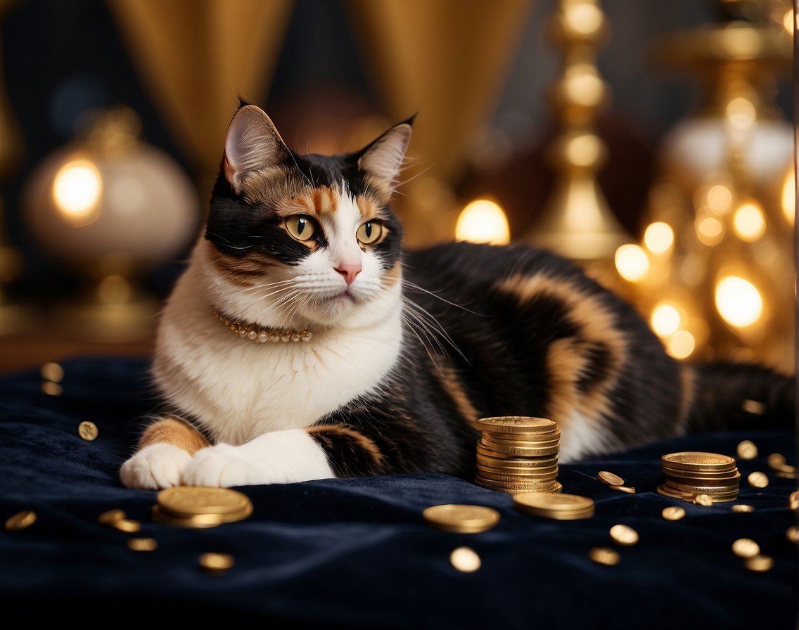 A male calico cat sits on a velvet cushion, surrounded by golden coins and jewels, with a price tag reading "Priceless" in a luxurious setting