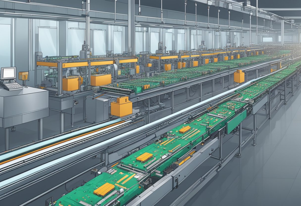 Machines assemble PCBs on conveyor belts in a large factory. Components are soldered and tested before packaging