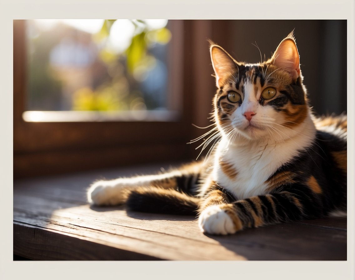 A male calico cat sits among colorful patches, gazing curiously. The sunlight streams through a window, casting a warm glow on his fur