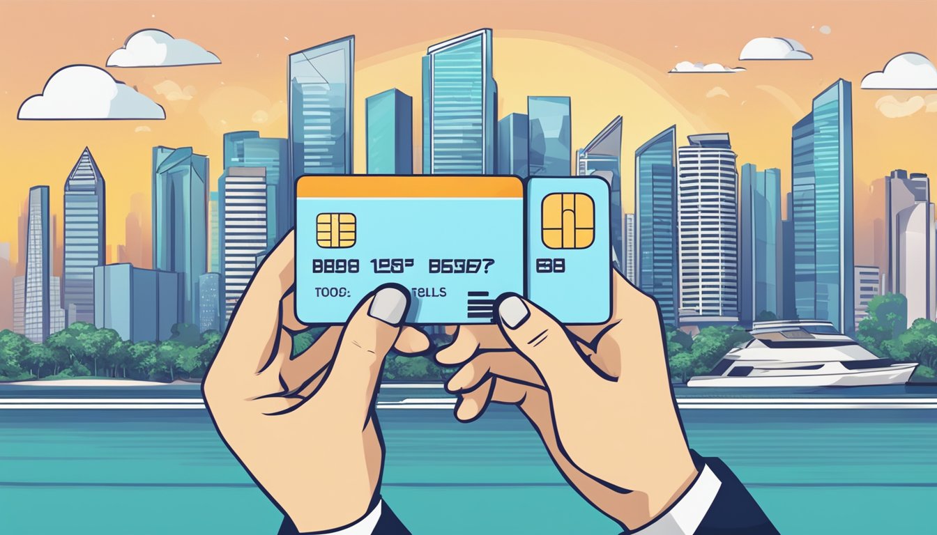 A hand holding a credit card with "Best Cash Back" text, surrounded by question marks and the skyline of Singapore in the background