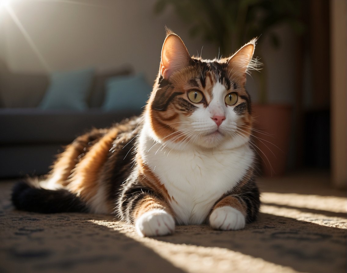 A male calico cat lounges in a sunlit room, its unique fur pattern catching the light. A price tag or dollar sign could be added to show its value