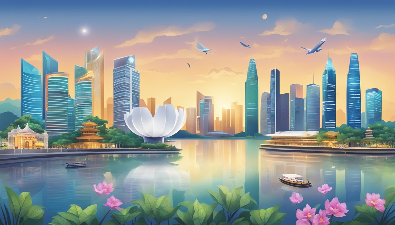 A serene Singapore skyline with a prominent financial district, featuring a variety of cash management funds logos and symbols