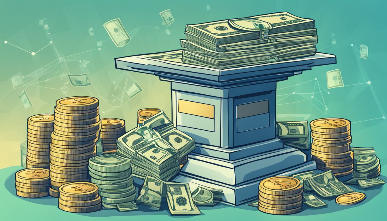 A stack of money sits atop a pedestal, surrounded by financial charts and graphs. The words "Top Cash Management Funds for Your Finances" are prominently displayed