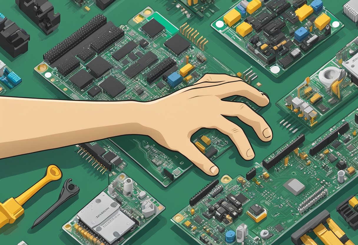 A hand reaching for a circuit board, surrounded by assembly tools and components