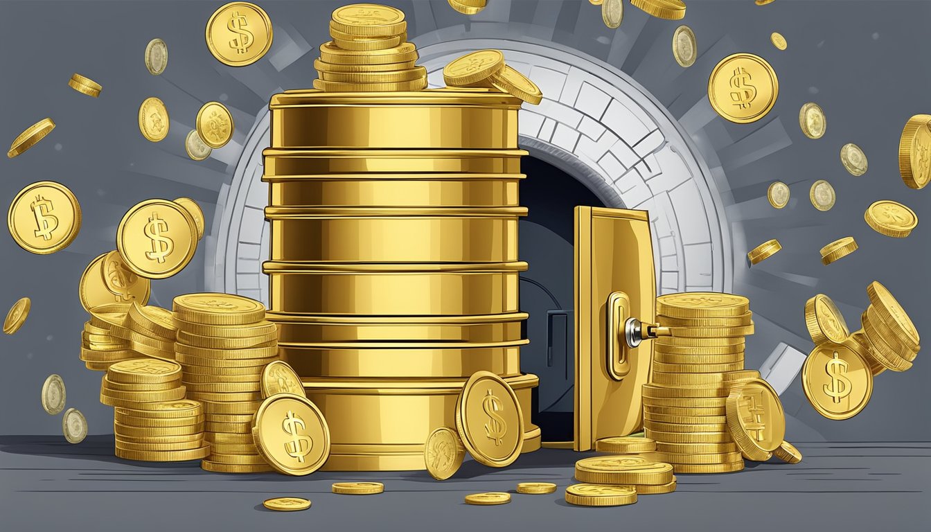 A stack of gold coins and a secure vault symbolize safeguarding investments in a cash management fund in Singapore