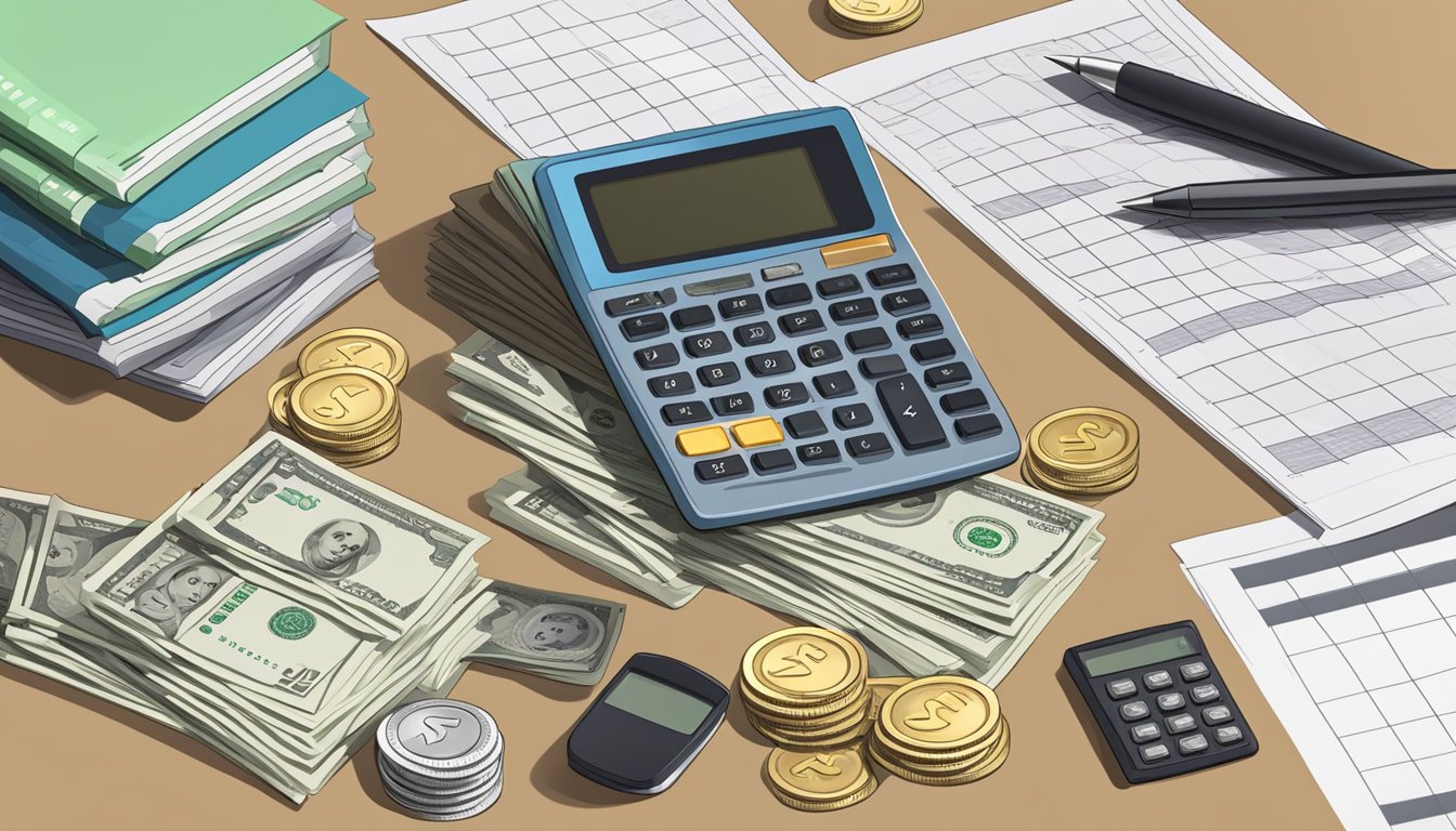 A stack of currency notes and coins arranged neatly on a desk with a calculator and financial documents in the background