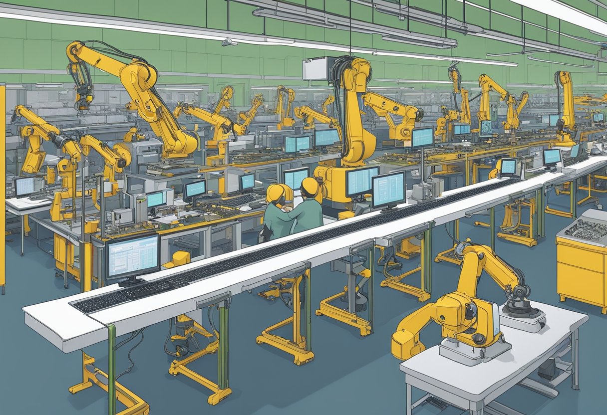 A PCB assembly line in San Diego hums with activity, as robotic arms meticulously place components onto circuit boards. Workers monitor the process, ensuring precision and quality
