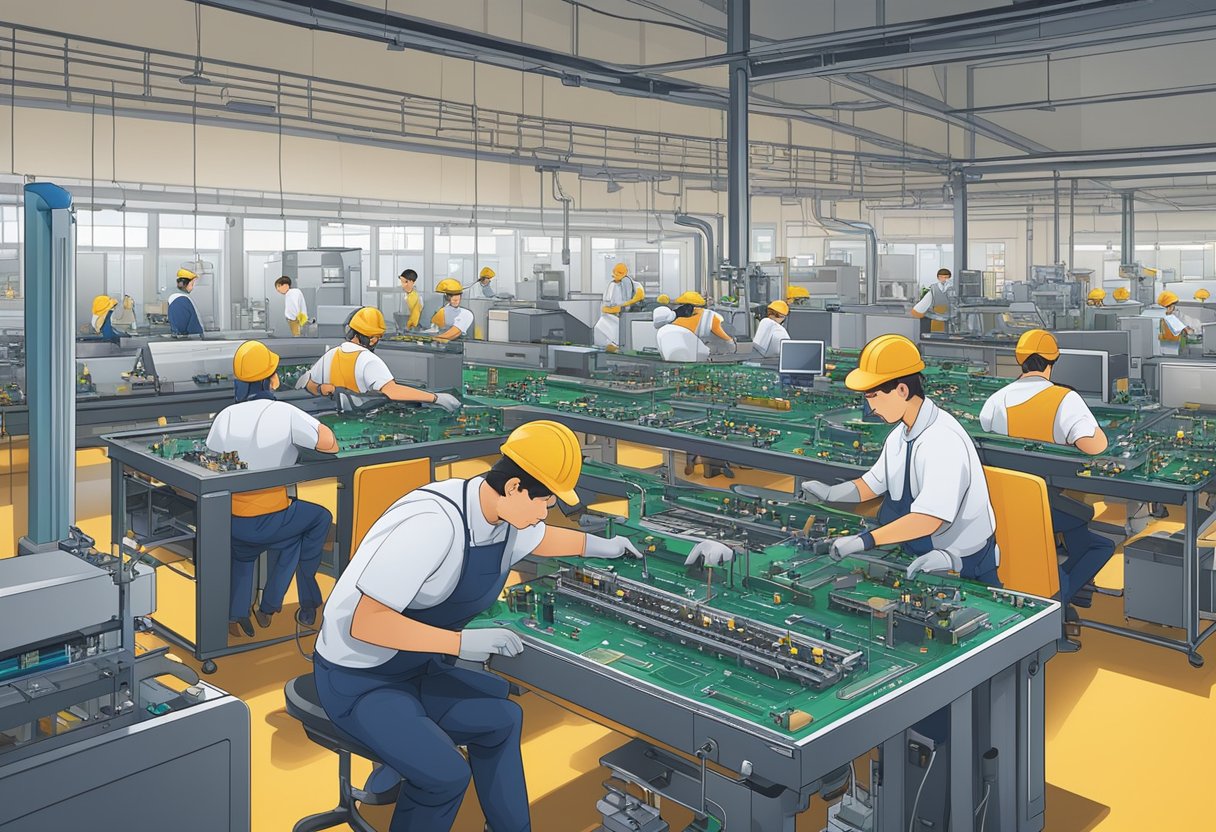 A busy factory floor with workers assembling PCBs on conveyor belts, machines soldering components, and technicians inspecting finished products