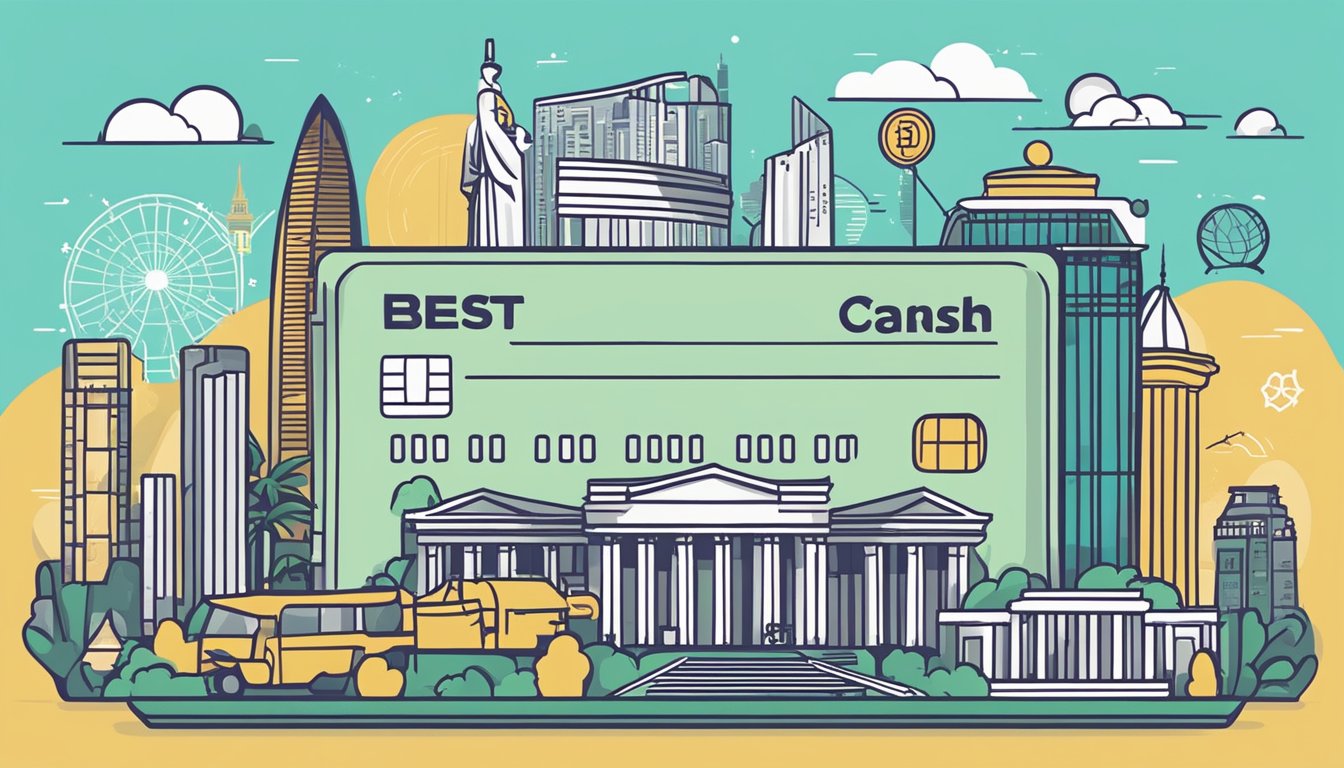 A credit card with "Best Cash Rebate" displayed, surrounded by Singaporean landmarks and symbols