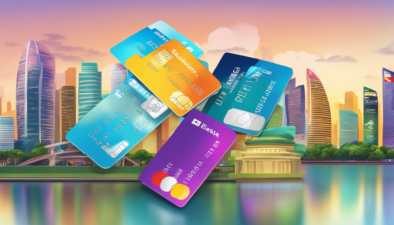 A stack of colorful credit cards with "Top Cashback" and "Best Cash Rebate" labels, against a Singapore city skyline backdrop