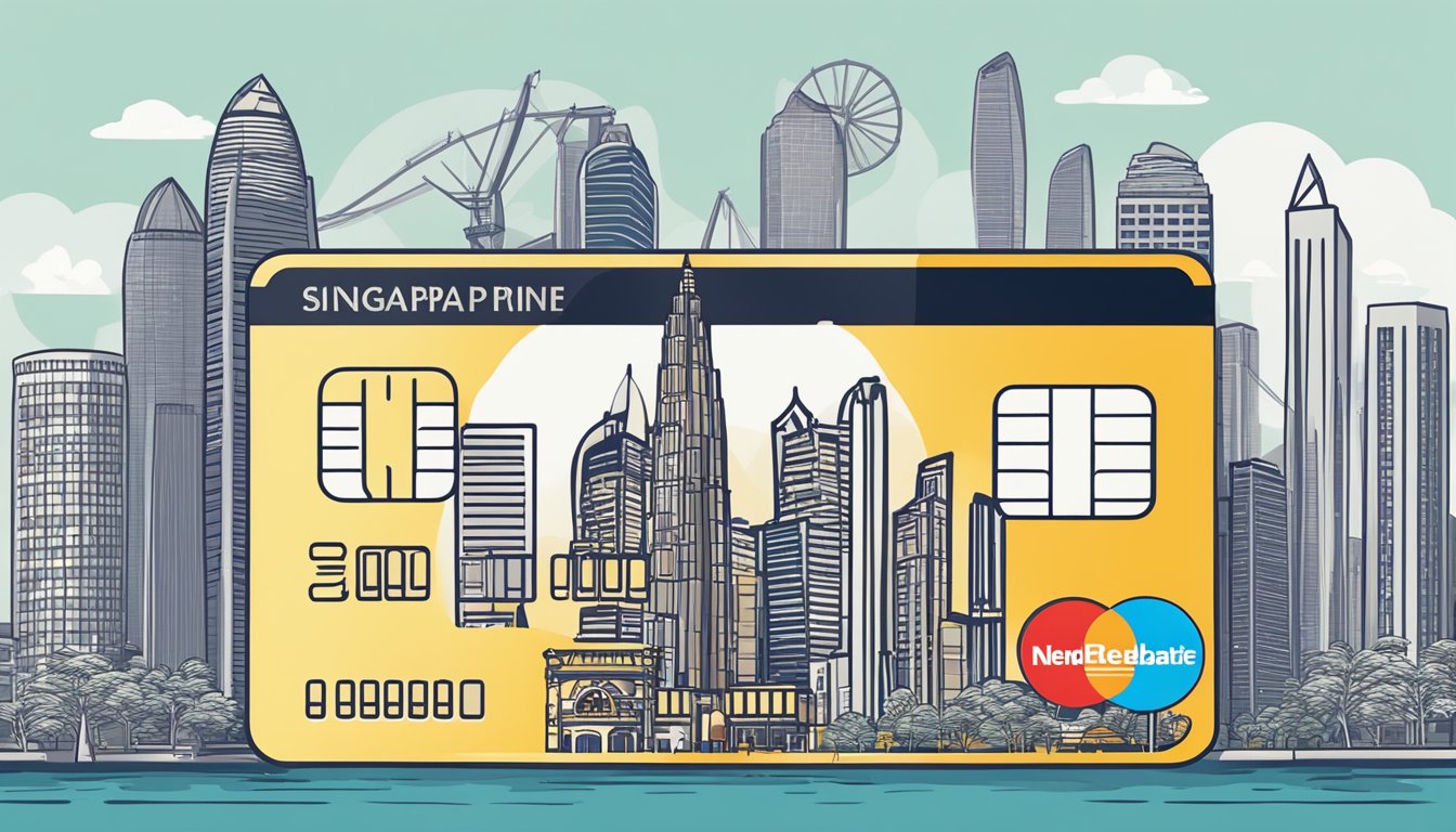 A credit card with "Fine Print" highlighted, surrounded by cash and rebate symbols, against a backdrop of iconic Singapore landmarks