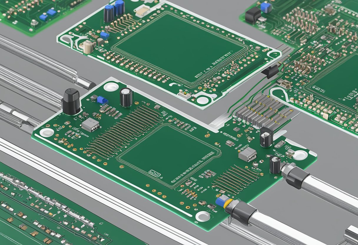 A PCB assembly drawing with components arranged on a circuit board, soldered connections, and clear labeling