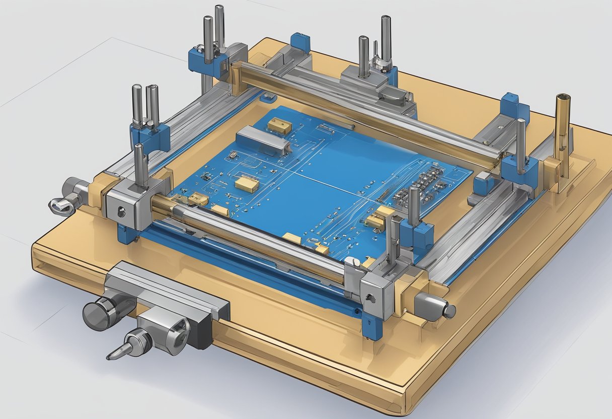 A PCB assembly jig holds circuit board components in place for soldering. It consists of a flat base with adjustable clamps and guides for precise placement