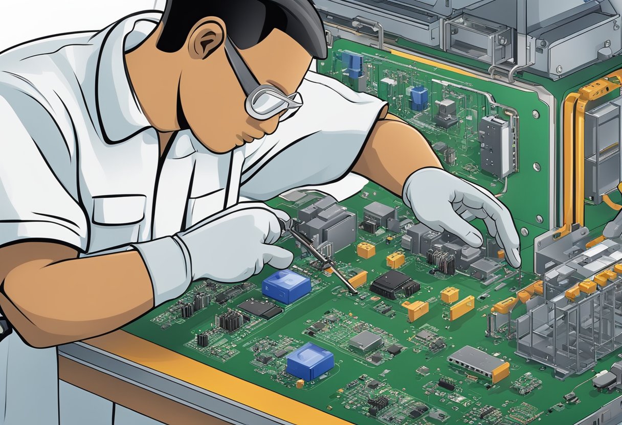 A PCB assembly technician carefully places components onto a circuit board at a Florida assembly facility