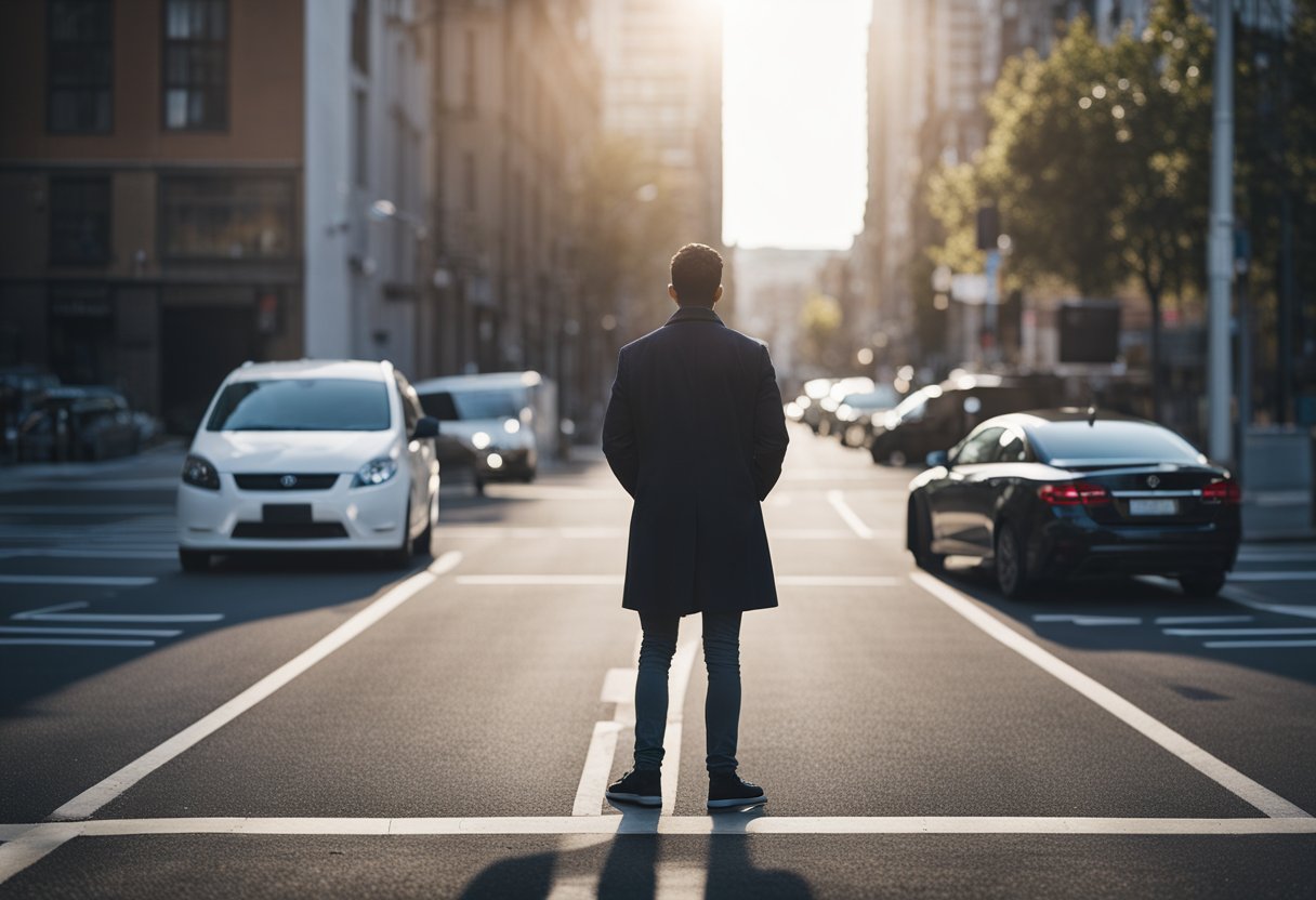 A person standing at a crossroads, contemplating their path with a sense of determination and self-awareness