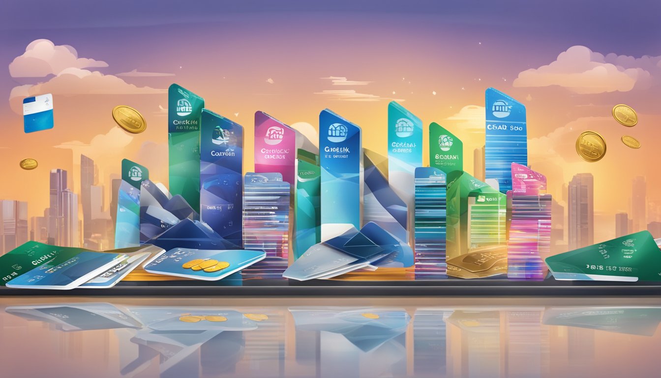 A stack of credit cards with "Top Cashback" logos, set against the Singapore skyline, with a prominent "Best Cashback Credit Card" banner