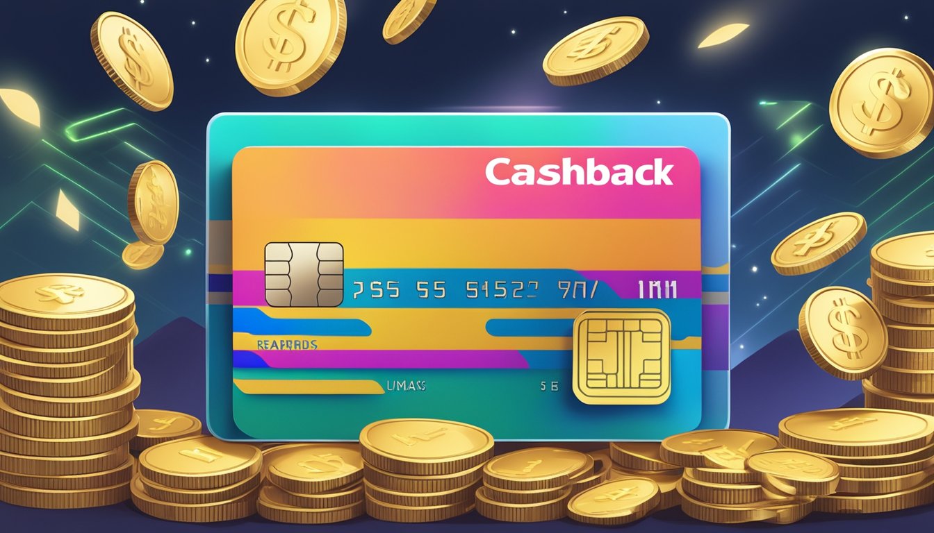A credit card surrounded by stacks of cash, coins, and shopping bags, with a glowing "cashback rewards" sign in the background