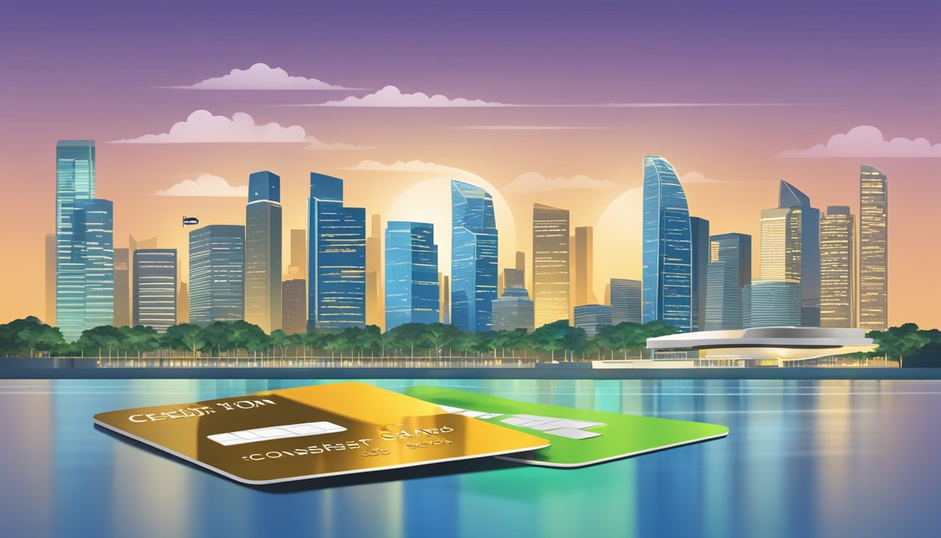 A credit card with "best cashback" prominently displayed, surrounded by fine print and terms and conditions, against a backdrop of the Singapore skyline