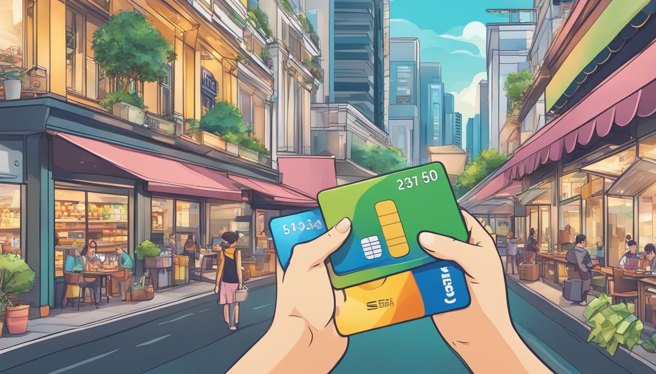 A person holding a credit card with cashback symbols, surrounded by various shopping and dining establishments in Singapore