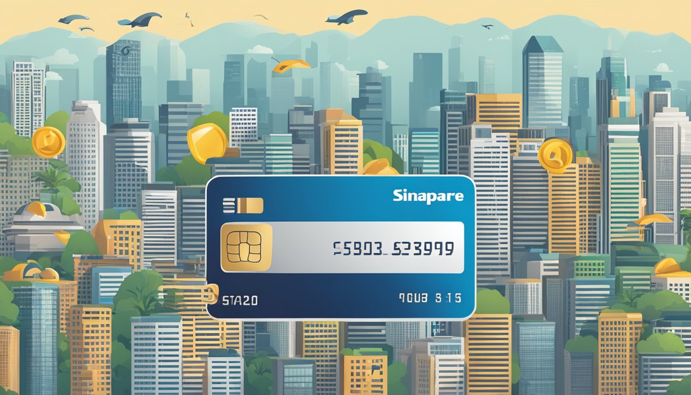 A credit card surrounded by question marks, with a cashback symbol and the skyline of Singapore in the background