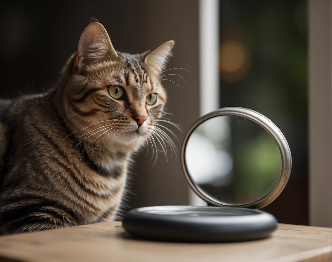 A curious cat peers into a mirror, tongue out, examining its uvula