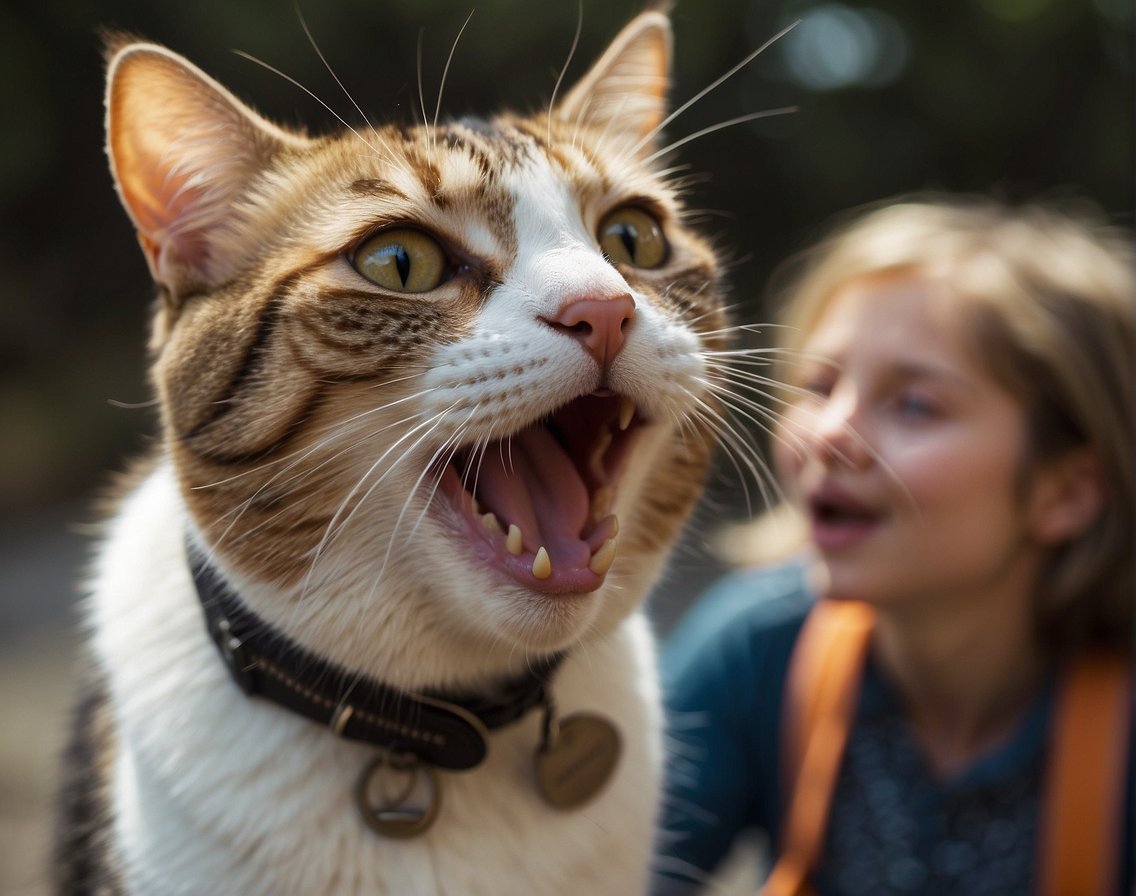 A cat and a human stand side by side, their mouths open to reveal their uvulas. The cat's uvula is smaller and located further back in the mouth