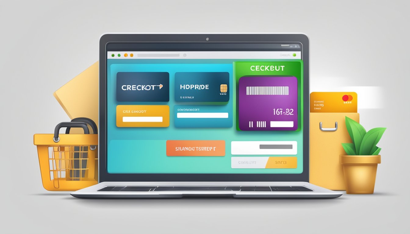 A laptop displaying a secure online shopping site with a variety of products, a credit card, and a "checkout" button