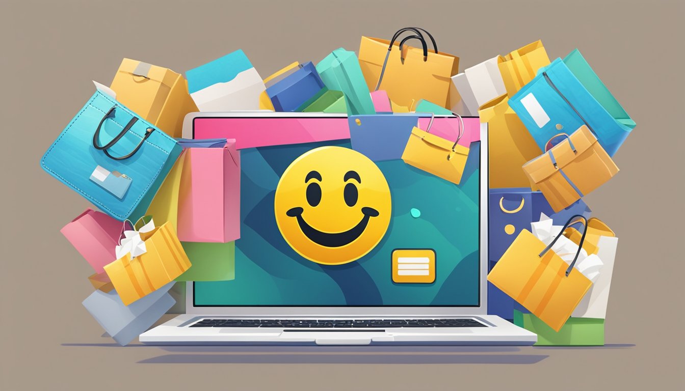A credit card hovering over a laptop, surrounded by shopping bags and boxes, with a smiley face emoji popping out of the screen