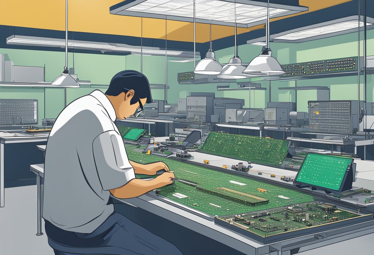 A technician is assembling PCB components on a workbench in a well-lit San Diego assembly facility