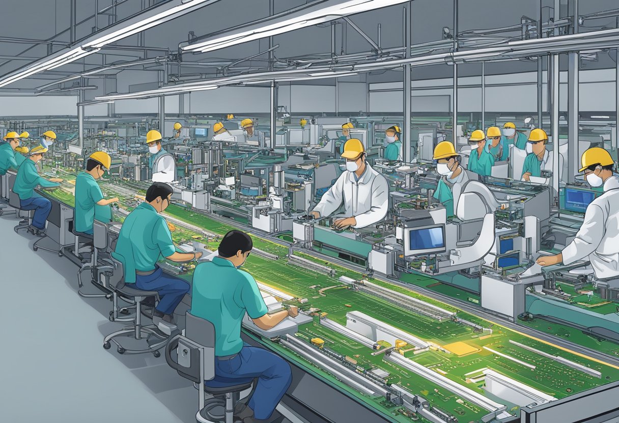PCB assembly in Massachusetts: Automated machines place components onto circuit boards. Workers oversee the process, ensuring quality and efficiency