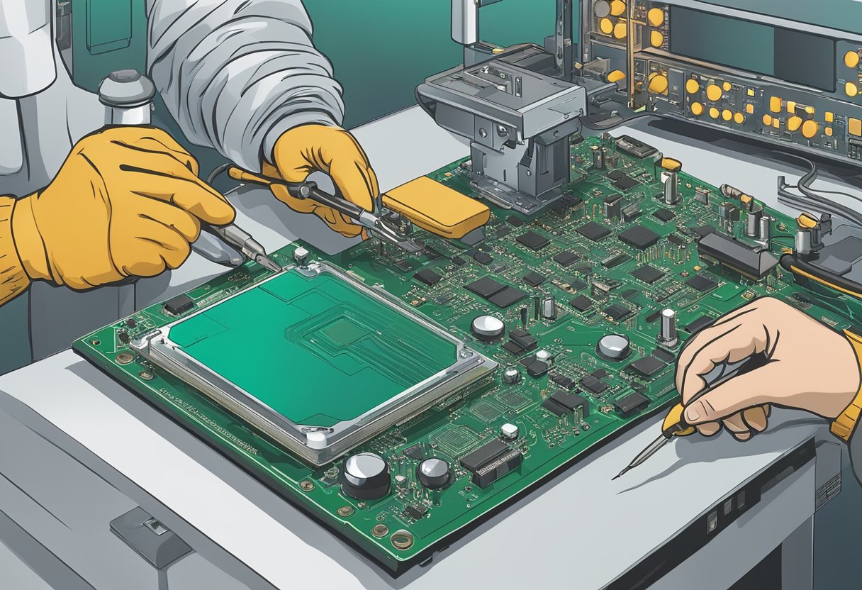 Soldering components onto a printed circuit board using precision equipment in a Massachusetts assembly facility