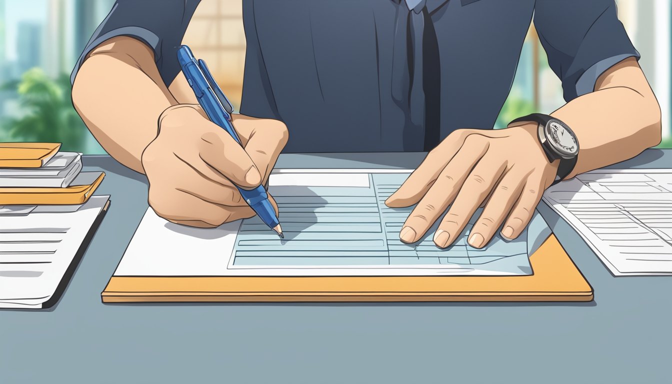 A hand holding a pen fills out a form for a "Maximising Your Money" checking account in a modern Singapore bank