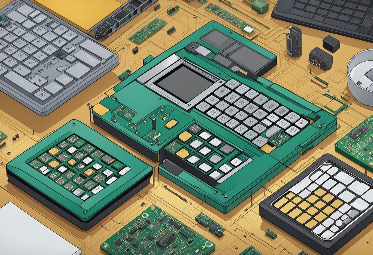 A calculator and printed circuit board components laid out on a workbench for assembly