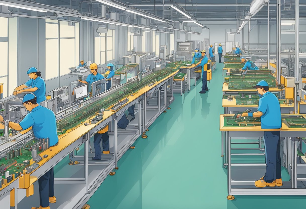 A PCB assembly line with workers and machines, sorting, soldering, and testing electronic components