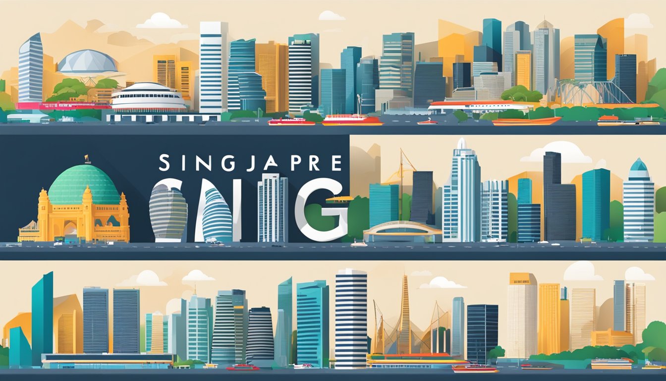 A skyline of Singapore with iconic buildings and the names of top-rated companies displayed in bold letters
