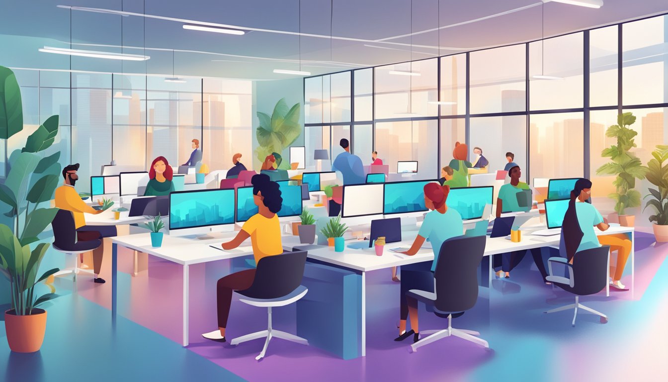 Employees in a modern office, collaborating in a vibrant and inclusive environment. Benefits such as flexible work arrangements and wellness programs are highlighted
