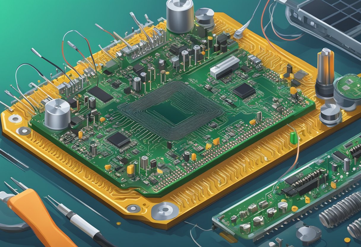 An array of electronic components being carefully soldered onto a printed circuit board by a skilled technician