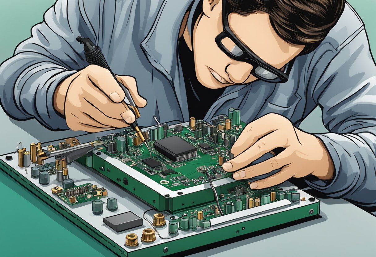 A technician soldering components onto a custom PCB assembly board