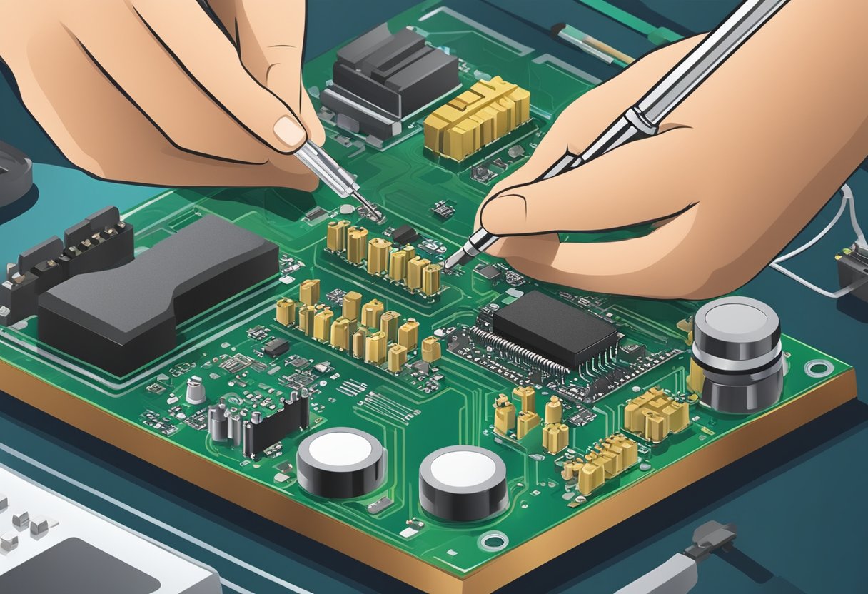 A technician carefully places electronic components onto a printed circuit board, using a soldering iron to secure them in place