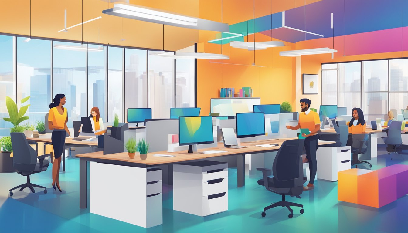 Employees smiling and working in modern office setting with vibrant colors and collaborative workspaces. Company logo prominently displayed