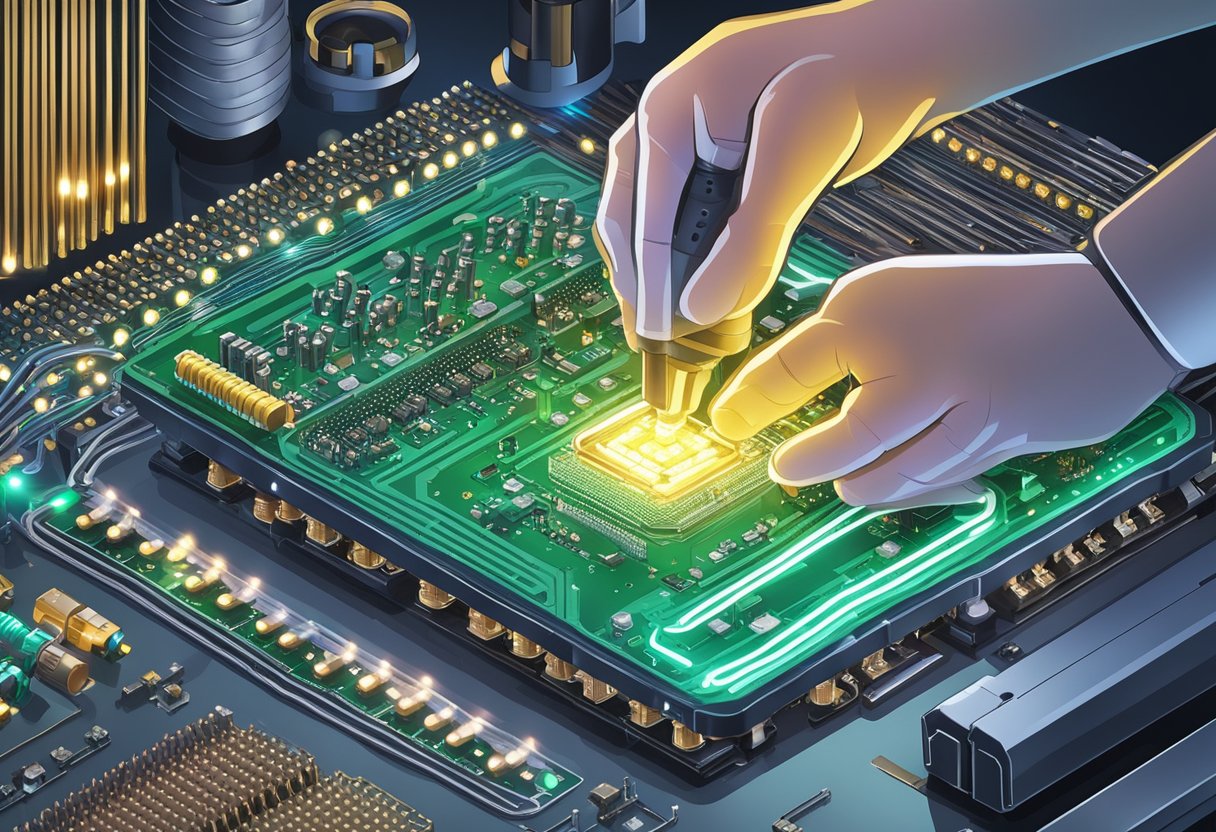 An array of LED components being soldered onto a printed circuit board by automated machinery