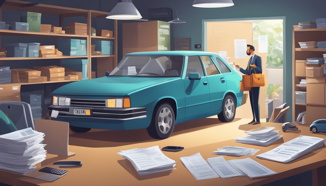 A car parked in a secure garage, surrounded by insurance documents and a calculator, with a confident person on the phone discussing policy options