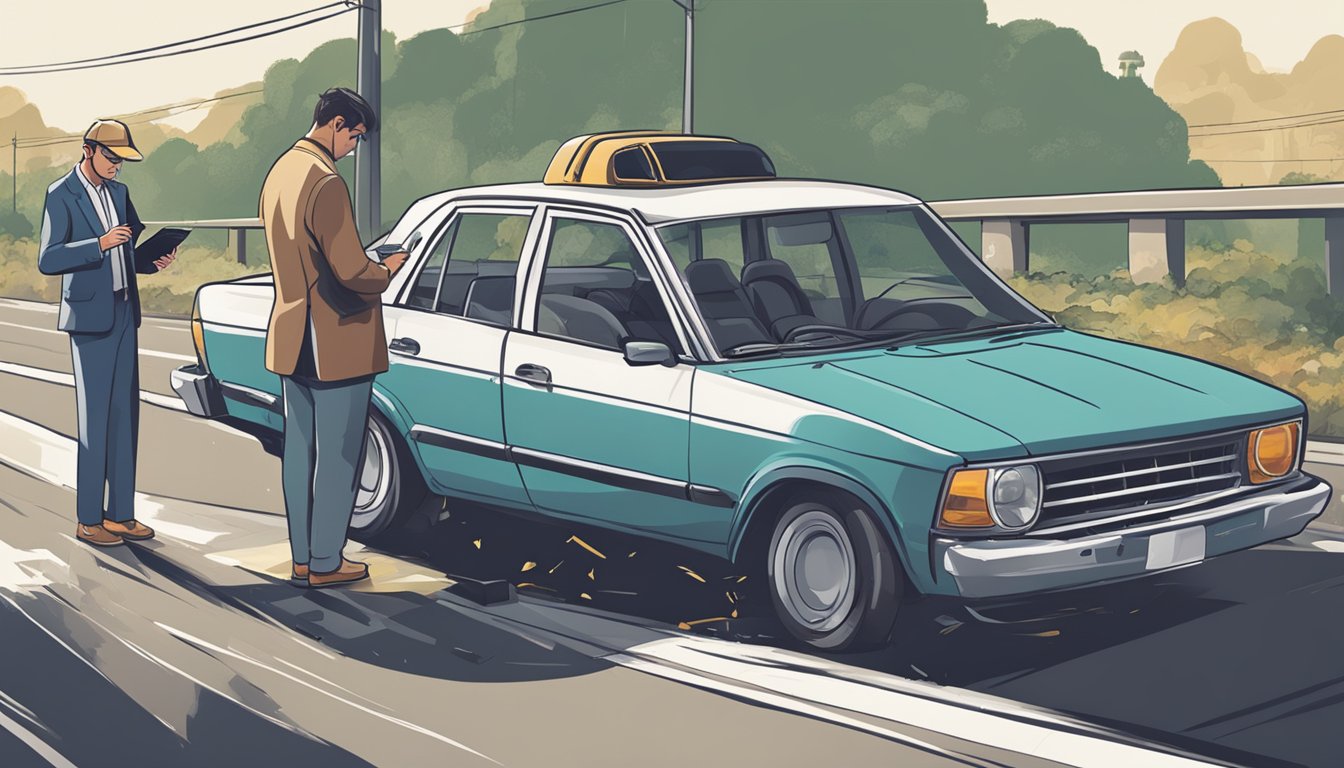 A car sits damaged on the side of the road, with a concerned driver on the phone and an insurance representative taking notes