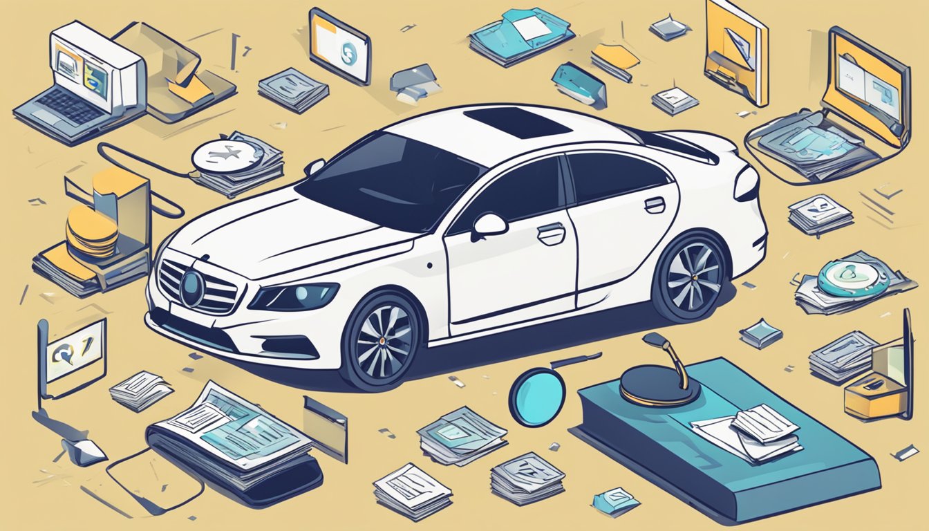 A car surrounded by question marks, with a magnifying glass hovering over it. The words "Frequently Asked Questions" and "best comprehensive car insurance Singapore" displayed prominently