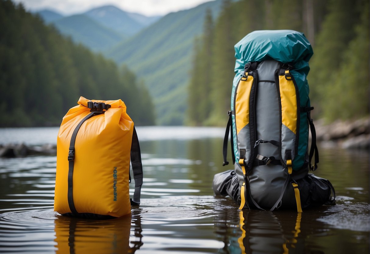 A backpack dry bag hangs from a kayak, while a smaller dry bag is strapped to the front. Both bags are made of durable, waterproof material