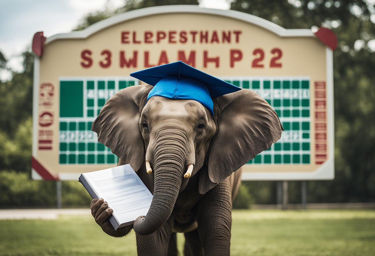 An elephant wearing a graduation cap holds a math book while standing next to a large sign that reads "Elephant Math Scholarship 2024: APPLY HERE."