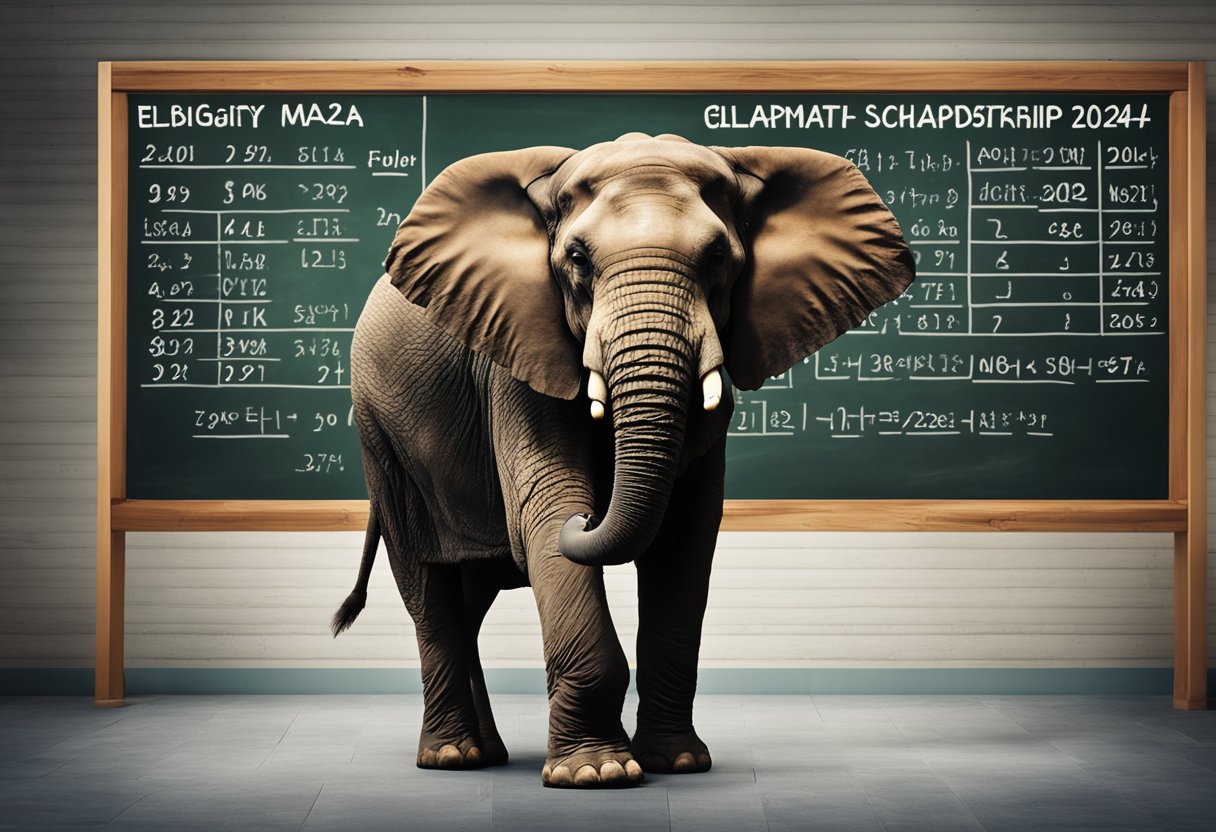 A large elephant stands next to a chalkboard with math equations and a banner that reads "Eligibility Criteria Elephant Math Scholarship 2024: APPLY HERE."