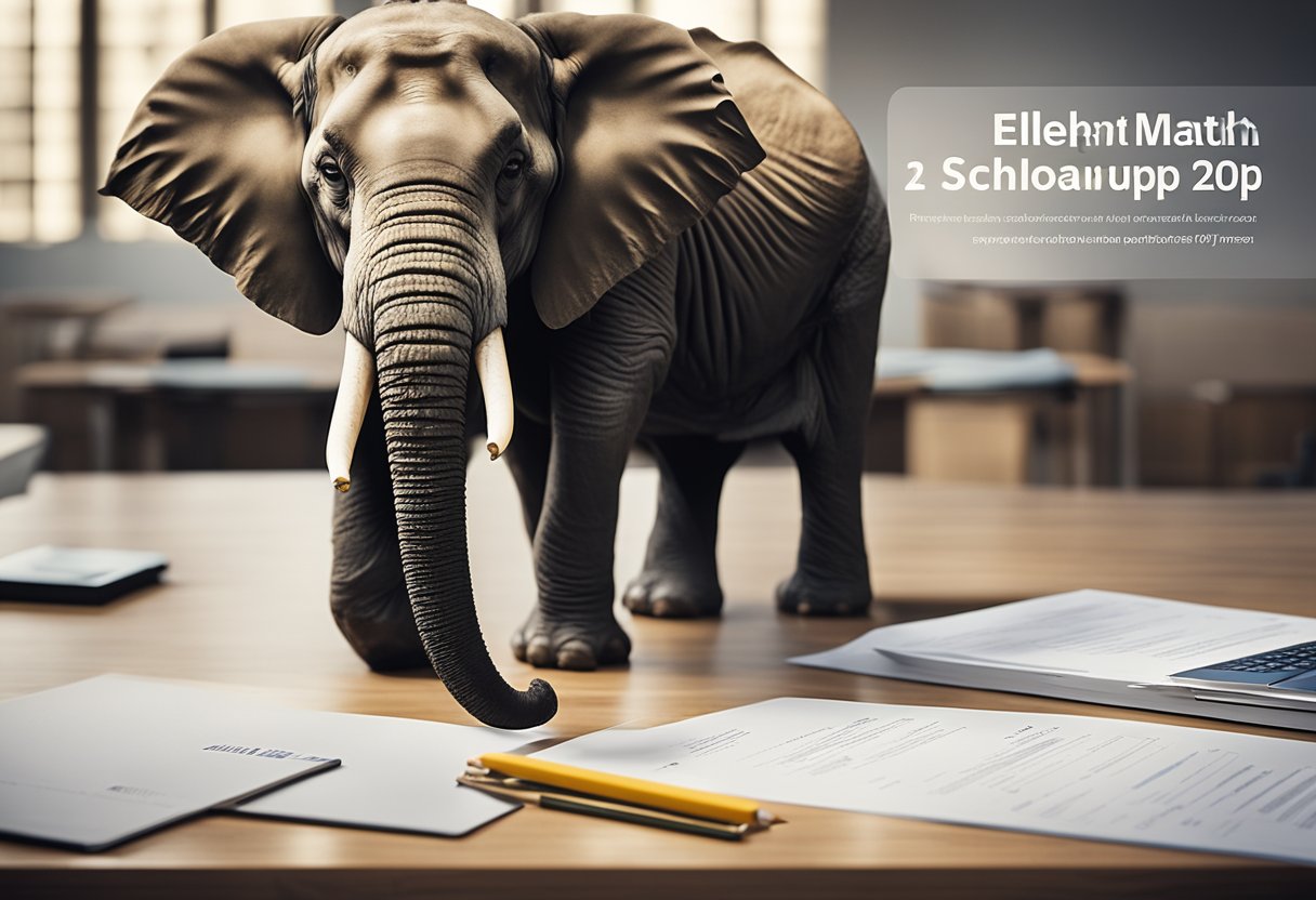 A large elephant holds a pencil and fills out a scholarship application form with the title "Elephant Math Scholarship 2024: APPLY HERE" at a desk